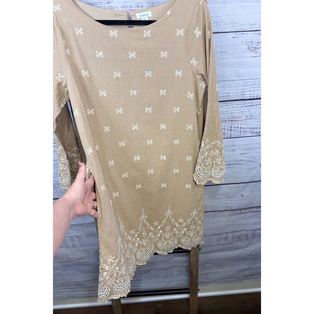 Sundance Embroidered Eyelet Boho Shift Dress Tan Cotton Bell Sleeve Petite 10 - Picture 6 of 14
